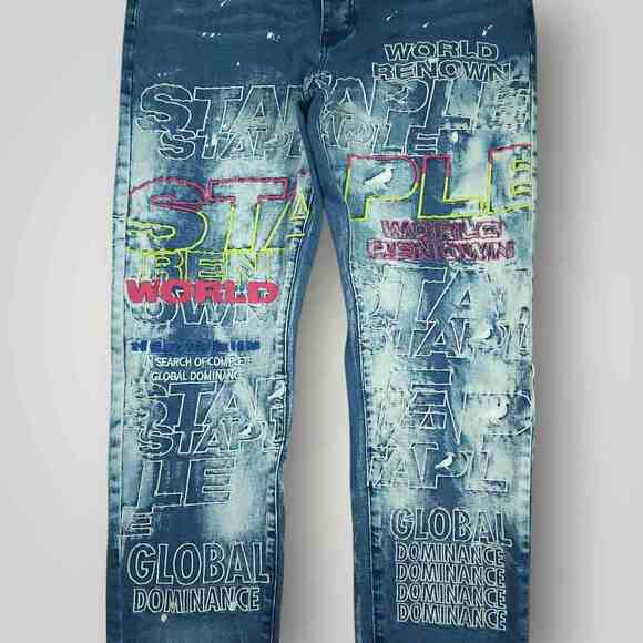 Staple Pigeon Jeans Mens 38x32 Skinny Button Fly Bleached Graffiti Stacked - Picture 5 of 9